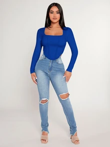SHEIN PETITE Camiseta de cuello cuadrado con dobladillo asimétrico, para mujeres de talla pequeña - azul real - Ver 6
