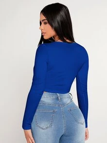 SHEIN PETITE Camiseta de cuello cuadrado con dobladillo asimétrico, para mujeres de talla pequeña - azul real - Ver 2