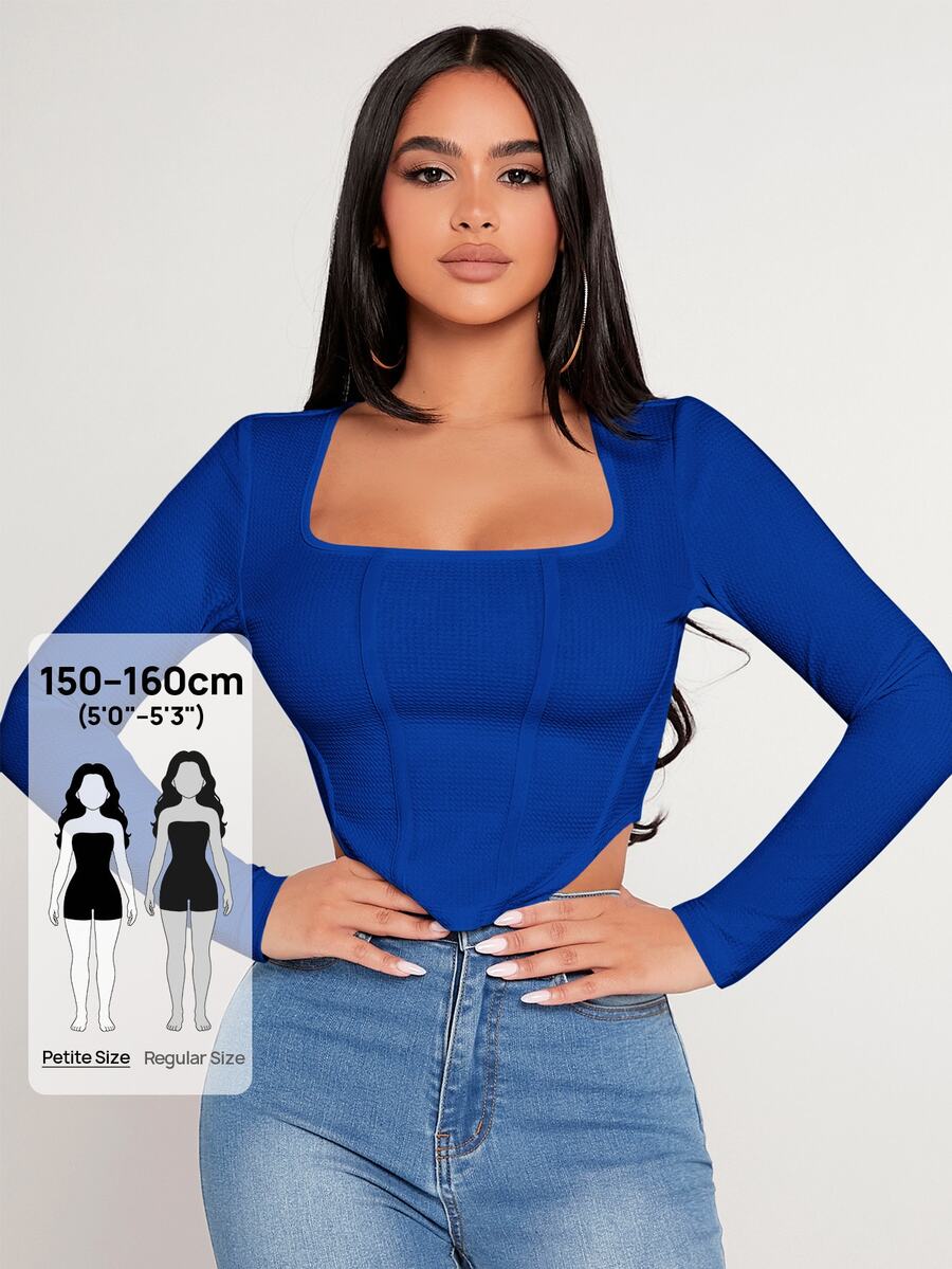 SHEIN PETITE Camiseta de cuello cuadrado con dobladillo asimétrico, para mujeres de talla pequeña - azul real - Ver 1