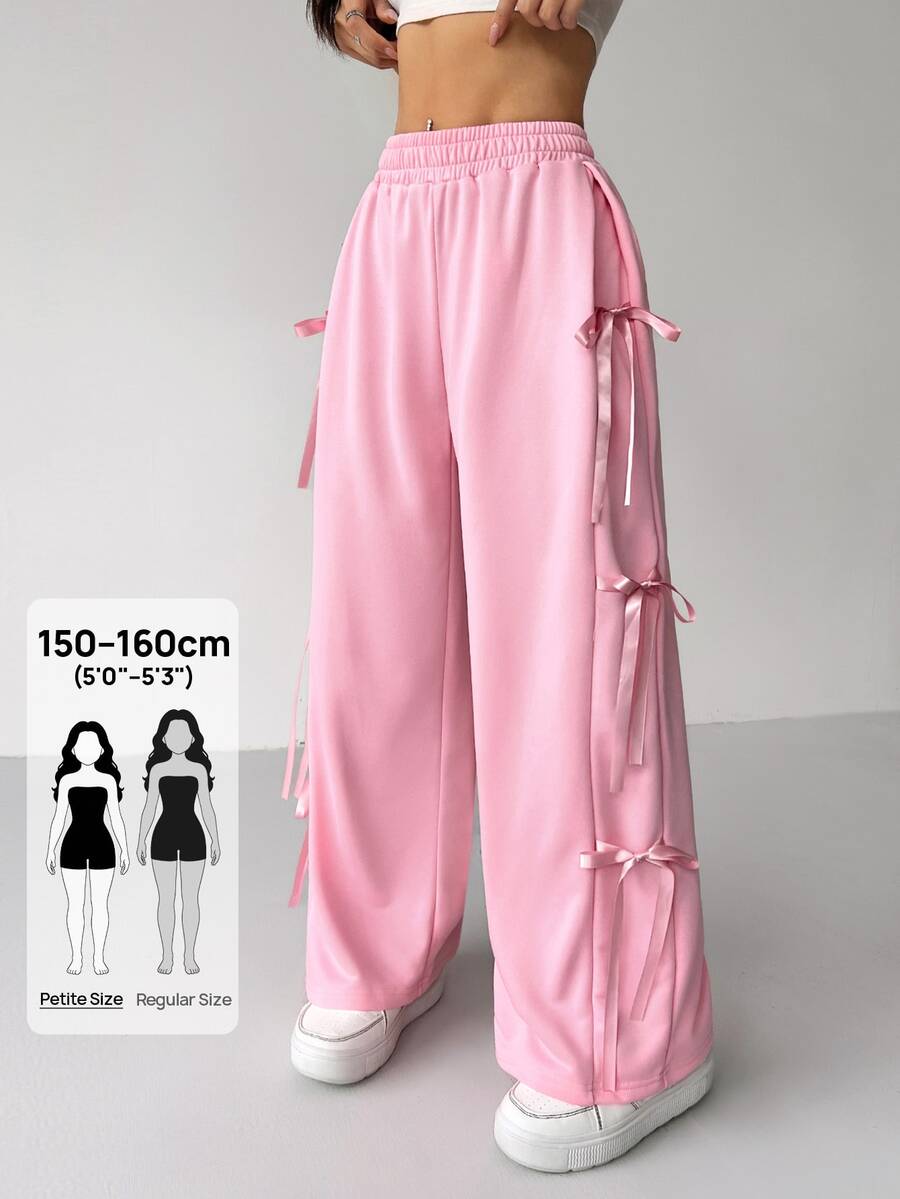 SHEIN PETITE 甜美可愛粉色蝴蝶結腰結抽繩運動長褲,春夏小碼女款 - 粉色 - 查看 1