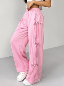 SHEIN PETITE 甜美可愛粉色蝴蝶結腰結抽繩運動長褲，春夏小碼女款 - 粉色 - 查看 8