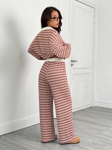 SHEIN PETITE 女款 2 件組粉色條紋秋季休閒居家開學穿搭 V 領落肩長袖 T 恤與鬆緊腰長褲冬季毛衣套裝，適合嬌小女性 - 彩色 - 查看 2