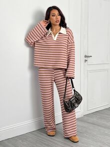 SHEIN PETITE 女款 2 件組粉色條紋秋季休閒居家開學穿搭 V 領落肩長袖 T 恤與鬆緊腰長褲冬季毛衣套裝，適合嬌小女性 - 彩色 - 查看 4