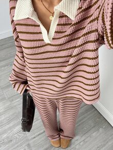 SHEIN PETITE 女款 2 件組粉色條紋秋季休閒居家開學穿搭 V 領落肩長袖 T 恤與鬆緊腰長褲冬季毛衣套裝，適合嬌小女性 - 彩色 - 查看 3