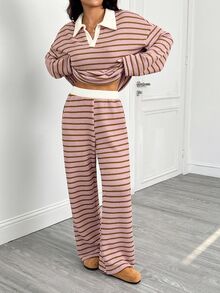 SHEIN PETITE 女款 2 件組粉色條紋秋季休閒居家開學穿搭 V 領落肩長袖 T 恤與鬆緊腰長褲冬季毛衣套裝，適合嬌小女性 - 彩色 - 查看 6