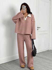 SHEIN PETITE 女款 2 件組粉色條紋秋季休閒居家開學穿搭 V 領落肩長袖 T 恤與鬆緊腰長褲冬季毛衣套裝，適合嬌小女性 - 彩色 - 查看 5