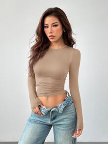 SHEIN PETITE 女款三件組圓領休閒修身純色長袖T恤套裝，適合春季、秋季與冬季的小個子女性 - 彩色 - 查看 5