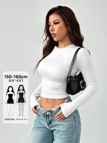 SHEIN PETITE 女款三件組圓領休閒修身純色長袖T恤套裝，適合春季、秋季與冬季的小個子女性 - 彩色 - 查看 1