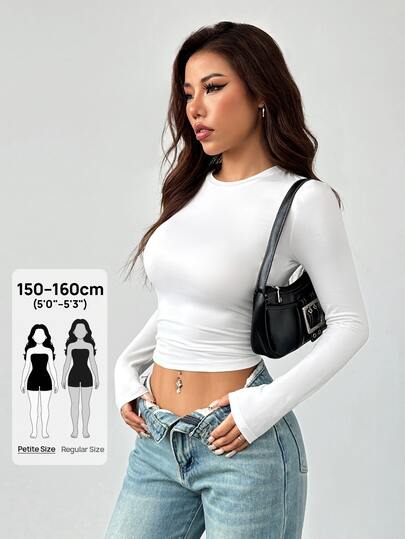 SHEIN PETITE Women's Three Pieces Round Neck Casual Tight-Fitting Solid Color Long-Sleeved T-Shirt Pullover Set Suitable For Spring, Autumn And Winter Petite Women