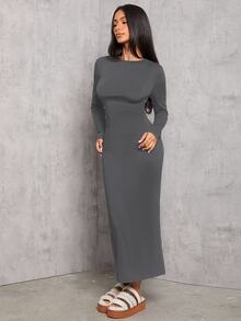 SHEIN PETITE 纯色褶腰黑色长袖连衣裙 - 深灰色 - 查看 7