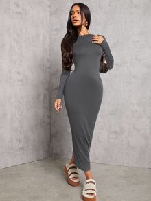 SHEIN PETITE 纯色褶腰黑色长袖连衣裙 - 深灰色 - 查看 5