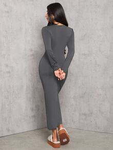 SHEIN PETITE 纯色褶腰黑色长袖连衣裙 - 深灰色 - 查看 2