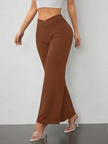 SHEIN PETITE PETITE Women's Casual Elegant Waist Cross Fit Straight Pants Work Pants,Business Casual Woman - Coffee Brown - View 3