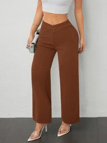 SHEIN PETITE PETITE Women's Casual Elegant Waist Cross Fit Straight Pants Work Pants,Business Casual Woman - Coffee Brown - View 5