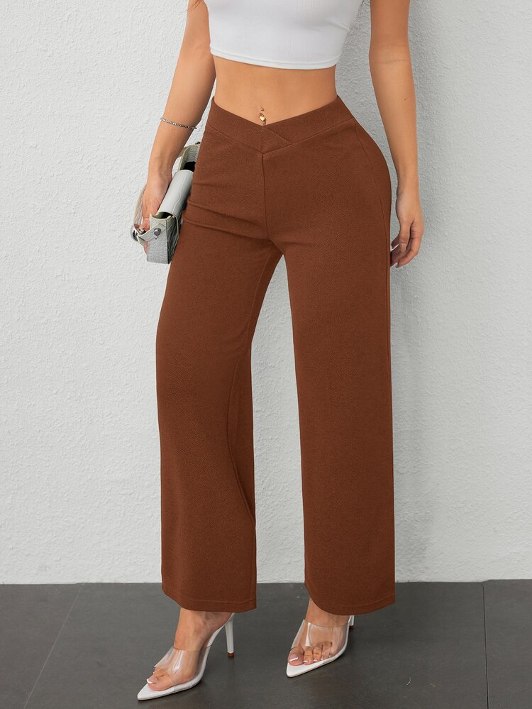 SHEIN PETITE PETITE Women's Casual Elegant Waist Cross Fit Straight Pants Work Pants,Business Casual Woman - Coffee Brown - View 5
