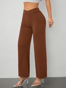 SHEIN PETITE PETITE Women's Casual Elegant Waist Cross Fit Straight Pants Work Pants,Business Casual Woman - Coffee Brown - View 4