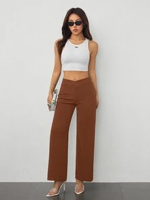 SHEIN PETITE PETITE Women's Casual Elegant Waist Cross Fit Straight Pants Work Pants,Business Casual Woman - Coffee Brown - View 8