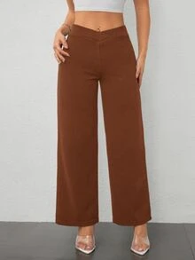 SHEIN PETITE PETITE Women's Casual Elegant Waist Cross Fit Straight Pants Work Pants,Business Casual Woman - Coffee Brown - View 7