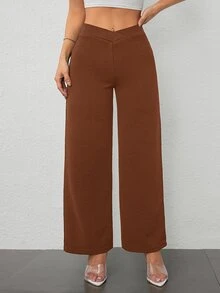 SHEIN PETITE PETITE Women's Casual Elegant Waist Cross Fit Straight Pants Work Pants,Business Casual Woman - Coffee Brown - View 6