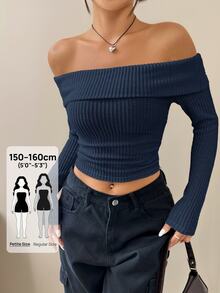 SHEIN PETITE 女款露肩長袖短版上衣 T-shirt，適合嬌小女性 - 藏蓝色 - 查看 1