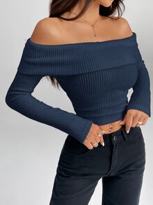 SHEIN PETITE 女款露肩長袖短版上衣 T-shirt，適合嬌小女性 - 藏蓝色 - 查看 5