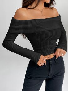 SHEIN PETITE 女款露肩長袖短版上衣 T-shirt，小個子女性適用，夜黑秋季性感休閒款 - 黑色 - 查看 7