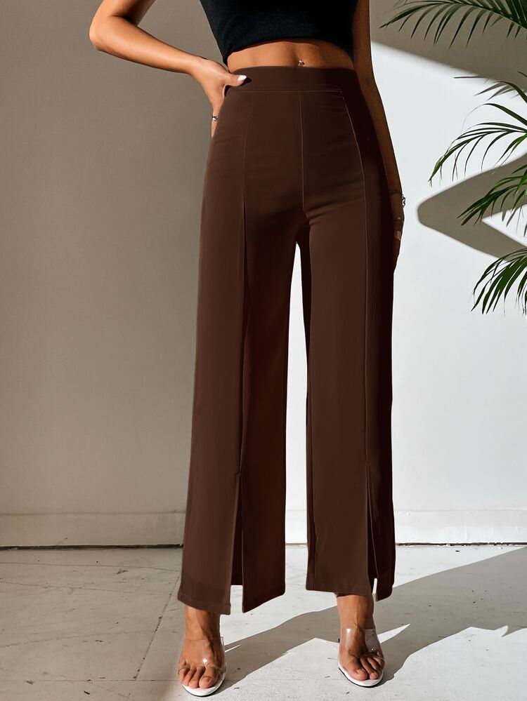 SHEIN PETITE Split Hem Straight Leg Pants - Brown - View 3