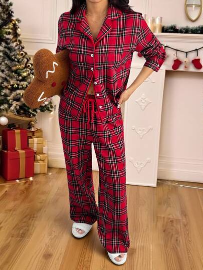 SHEIN PETITE Women's Nightwear Pajama Set Check Red Top And Pants Twill, Christmas ,Petite Women