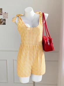 SHEIN EZwear 黄色格子休闲度假连体衣 - 黃色 - 查看 6