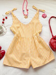 SHEIN EZwear 黄色格子休闲度假连体衣 - 黃色 - 查看 7