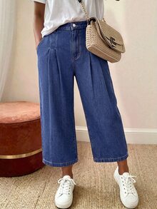 EMERY ROSE CURVE Plus Size Women's All-Season Outdoor Pleated Decor Multi-Pocket Blue Loose Fit Jeans - Dark Wash - View 1