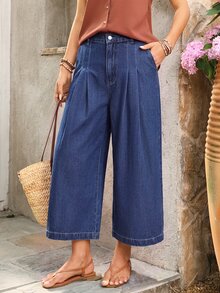 EMERY ROSE CURVE Plus Size Women's All-Season Outdoor Pleated Decor Multi-Pocket Blue Loose Fit Jeans - Dark Wash - View 3