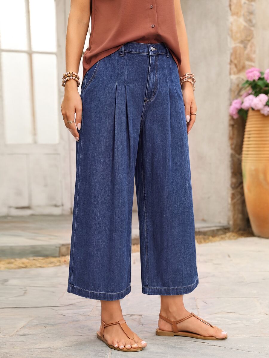 EMERY ROSE CURVE Plus Size Women's All-Season Outdoor Pleated Decor Multi-Pocket Blue Loose Fit Jeans - Dark Wash - View 1