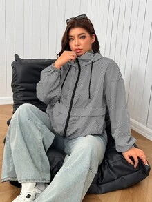 SHEIN EZwear 大尺碼女款格紋拉鍊連帽休閒日常夾克 - 黑與白 - 查看 3