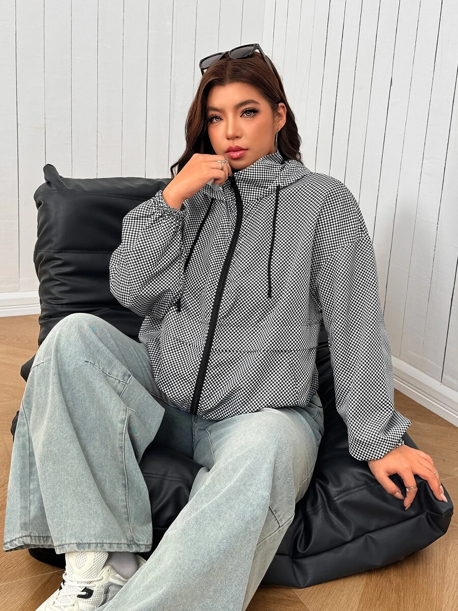 SHEIN EZwear Plus Size Women's Plaid Zipper Hooded Casual Daily Jacket Fall - Black and White - View 1