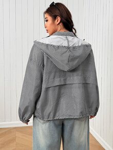 SHEIN EZwear 大尺碼女款格紋拉鍊連帽休閒日常夾克 - 黑與白 - 查看 2
