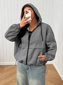 SHEIN EZwear 大尺碼女款格紋拉鍊連帽休閒日常夾克 - 黑與白 - 查看 1