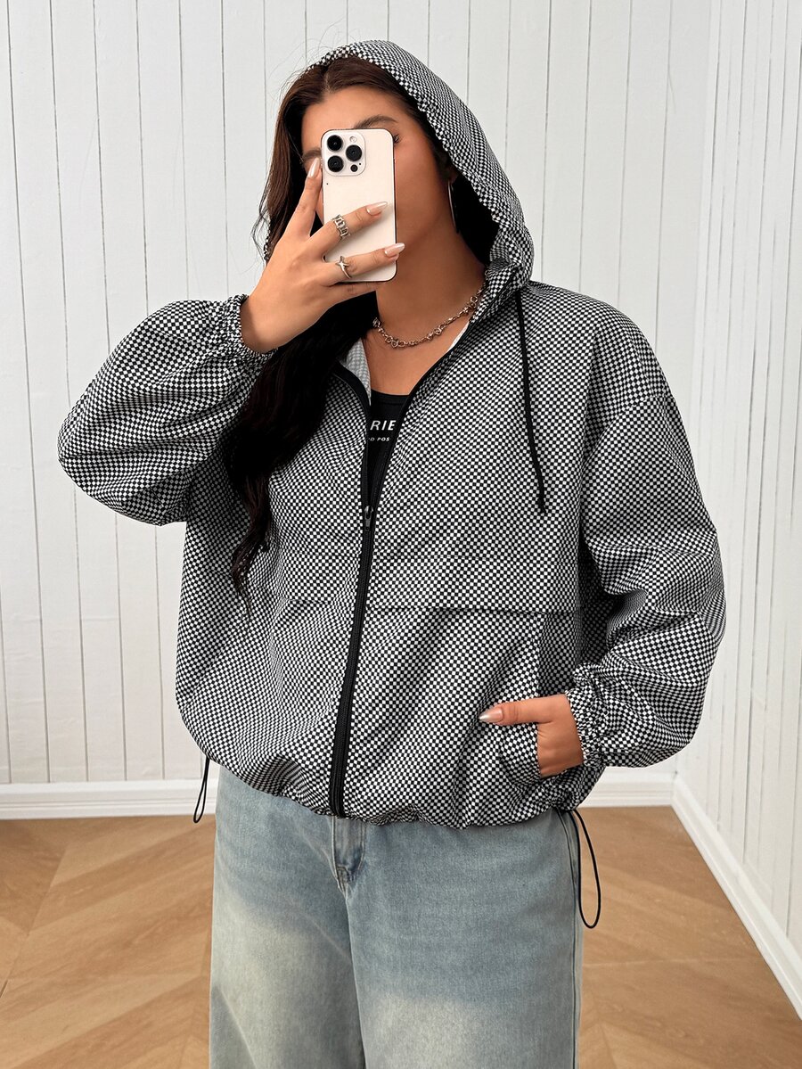 SHEIN EZwear 大尺碼女款格紋拉鍊連帽休閒日常夾克 - 黑與白 - 查看 1