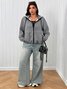 SHEIN EZwear 大尺碼女款格紋拉鍊連帽休閒日常夾克 - 黑與白 - 查看 5