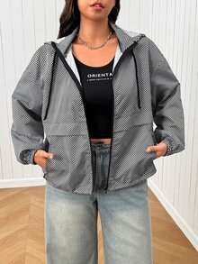 SHEIN EZwear 大尺碼女款格紋拉鍊連帽休閒日常夾克 - 黑與白 - 查看 4
