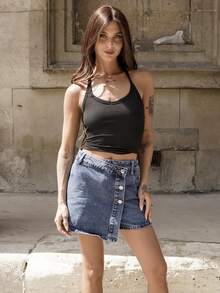 Nath Sonia Women's Summer Casual Front Button Wrap Denim Skorts - Dark Wash - View 5