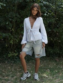 Nath Sonia Casual Striped Tie-Waist Bell-Sleeve Blouse For Work, Autumn Fall Cloth For Women - Blue - View 1