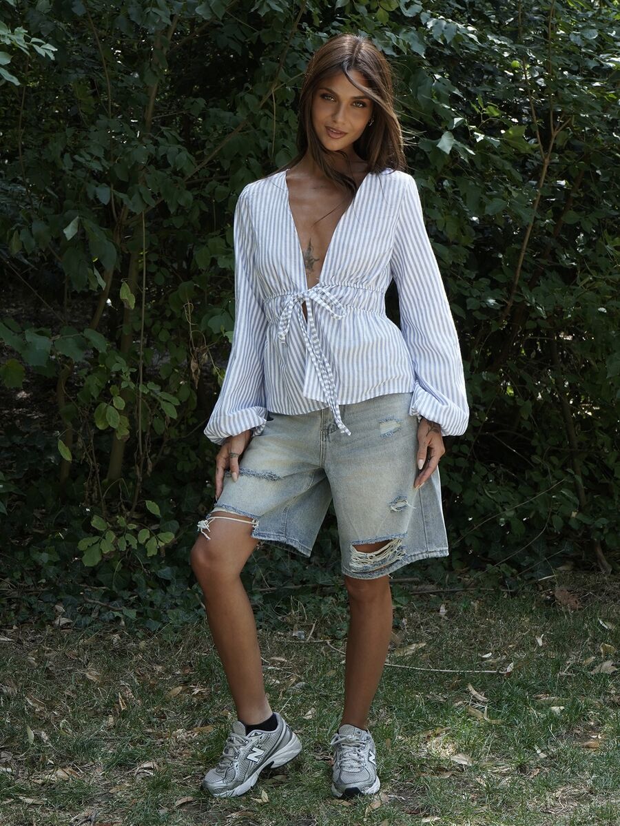 Nath Sonia Casual Striped Tie-Waist Bell-Sleeve Blouse For Work, Autumn Fall Cloth For Women - Blue - View 1