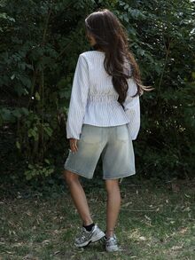 Nath Sonia Casual Striped Tie-Waist Bell-Sleeve Blouse For Work, Autumn Fall Cloth For Women - Blue - View 2