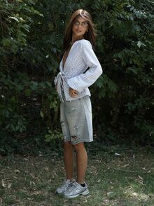 Nath Sonia Casual Striped Tie-Waist Bell-Sleeve Blouse For Work, Autumn Fall Cloth For Women - Blue - View 3