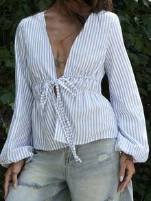 Nath Sonia Casual Striped Tie-Waist Bell-Sleeve Blouse For Work, Autumn Fall Cloth For Women - Blue - View 5