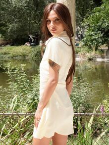 Nath Sonia Sweet & Fresh Pink Short Sleeve Shirt Dress, Waist Cinched Slimming Stylish Blouse Dress For Summer Elegant - Yellow - View 2