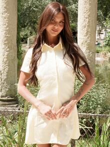 Nath Sonia Sweet & Fresh Pink Short Sleeve Shirt Dress, Waist Cinched Slimming Stylish Blouse Dress For Summer Elegant - Yellow - View 3
