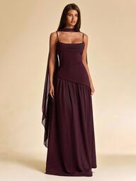 SHEIN BAE Vestido de malla tipo capa color marrón oscuro para primavera/verano con cintura ceñida y largo largo / Elegante & Sofisticado Adecuado para bodas, fiestas nocturnas, ocasiones formales, reuniones de estilo maduro, fiestas de cumpleaños