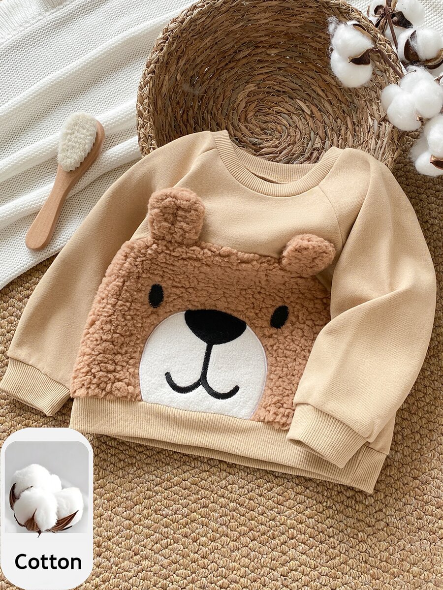 PrepCrw Sweatshirt Lengan Panjang Bayi Laki-laki Kasual Lucu Berbahan Plush dengan Bordir Beruang 3D - Aprikot - View 1